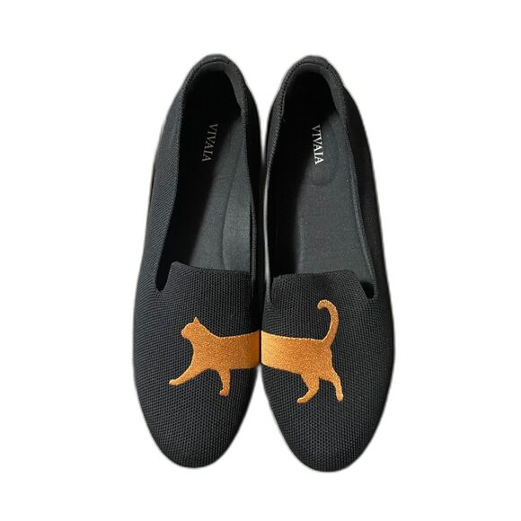 VIVAIA Cat Embroidered Knit Flats Black Women’s Size 11-11.5 Eco Friendly Shoes - Picture 1 of 6